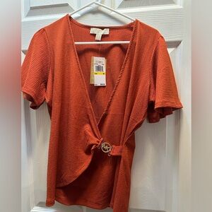 Michael Kors Rust Orange Wrap-Front Knit Top with MK Buckle